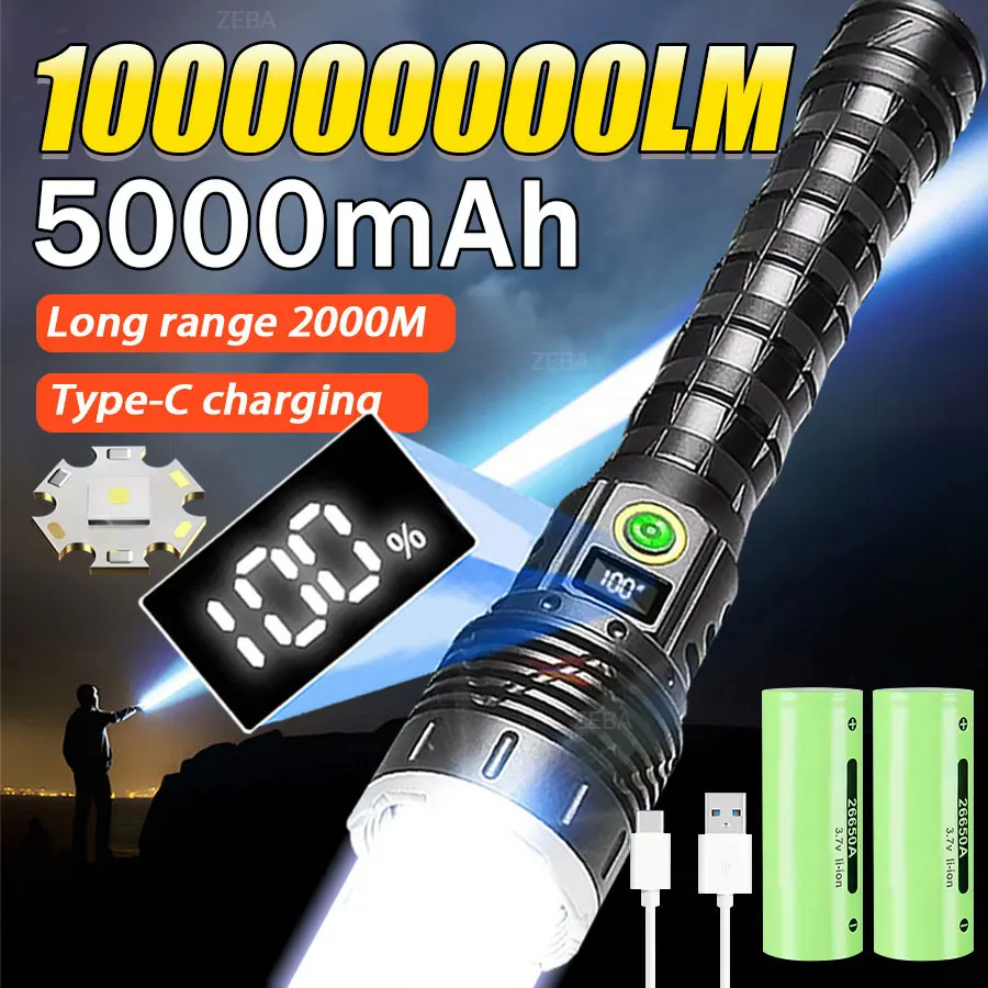 

1000000LM Most Powerful LED Flashlight Rechargeable Type-c Flashlights Long Range 4000M Tactical Torch Light For Camping Hunting