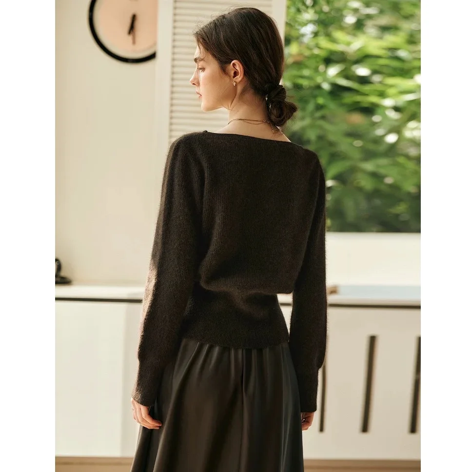 Sweter damski z jednym dekoltem na jesień i zimę 2025, sweter damski z rozcięciem po dole, dzianinowy sweter damski.