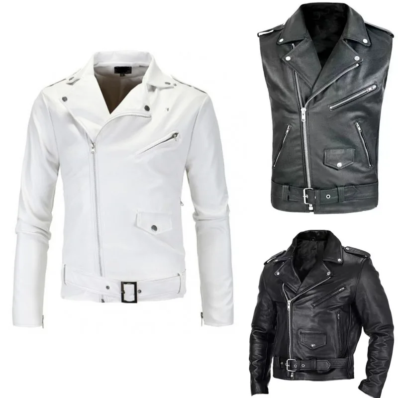 Men Pu Leather Biker Jacket Asymmetric Zipper Lapel Motorcycle Coat Belt Slim Fit Faux Leather Party Club Dating Outerwear