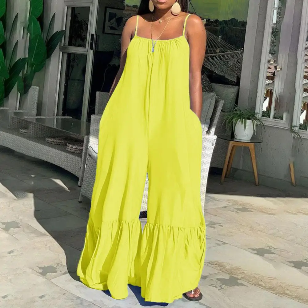 Women Romper Plus Size Deep Crotch Backless Floor Length Loose Exaggerated Horn Shape Wide Leg Spaghetti Strap Summer Jumpsuit