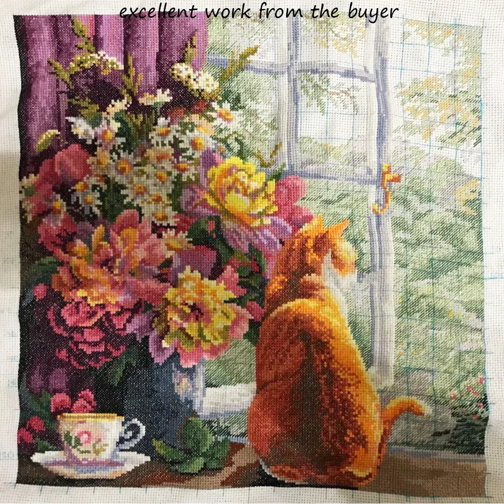 Amishop Gold Collection Counted Cross Stitch Kit Summer Afternoon Windowsill Bouquet Kitten Cat Tea Merejka K-86