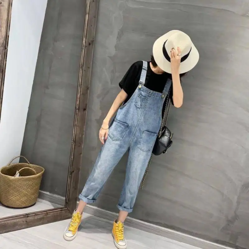 

Denim Outfit Woman Jumpsuits Socialite Tight Glossy Silky Dance Shaped Hit Waist Clothes Loose Bow Teens Streetwear Overall
