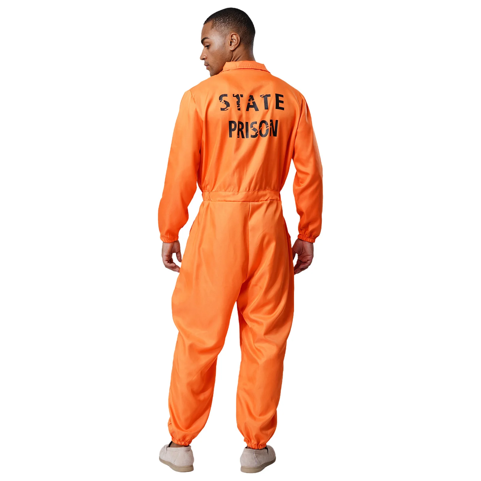 

Unisex Mens Womens Halloween Prisoner Jail Cosplay Jumpsuit Lapel Long Sleeve One Piece Unitard Carnival Inmate Jail Uniforms