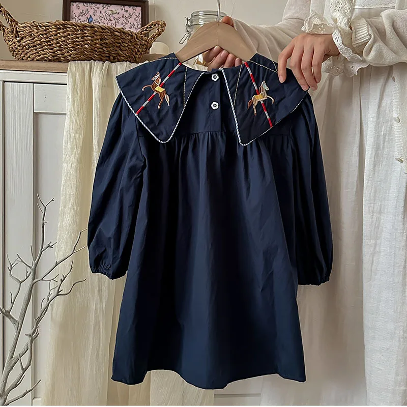 2024 Autumn Carousel Embroidery Lapel Long Sleeved Girls\' Dress Clothing Spring Campus Navy Style Children\'s Pure Cotton Dress