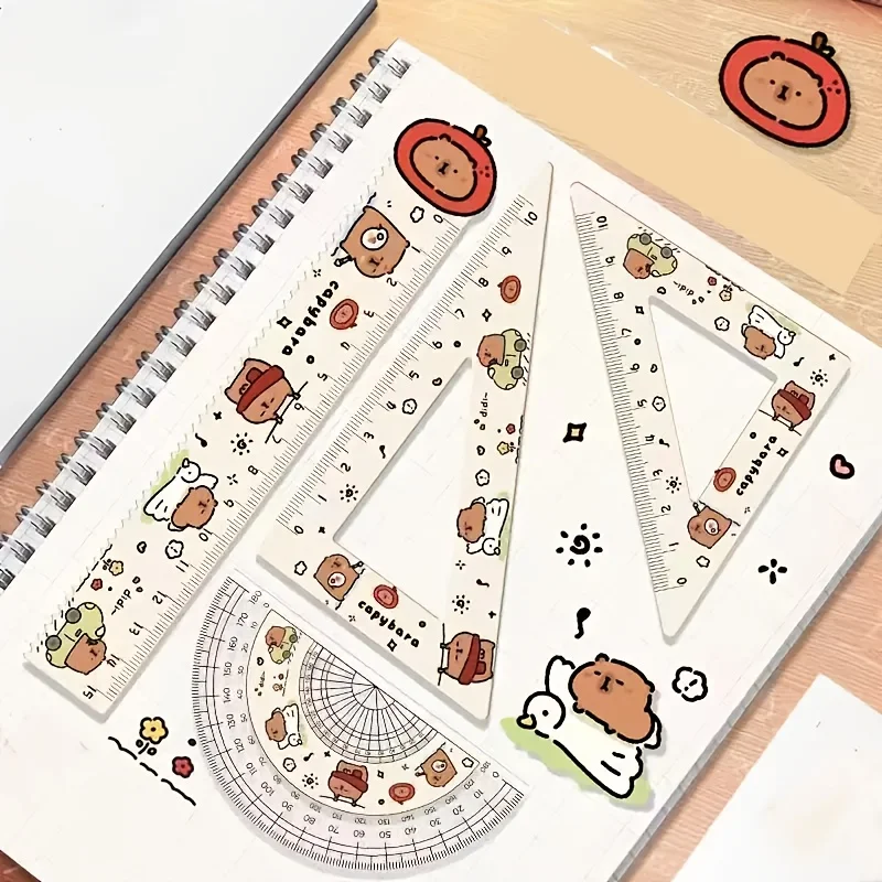 Capybara Ruler Set for Students, Includes a Thick Acrylic Wavy Ruler, 15Cm Triangle Ruler, And Semicircle Ruler.