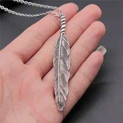 Antique Silver Plated 80x13mm Big Feather Pendant Necklace For Women Men Long Chain Trendy Jewelry Accessories