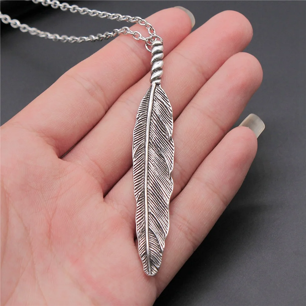  Antique Silver Plated 80x13mm Big Feather Pendant Necklace For Women Men Long Chain Trendy Jewelry Accessories