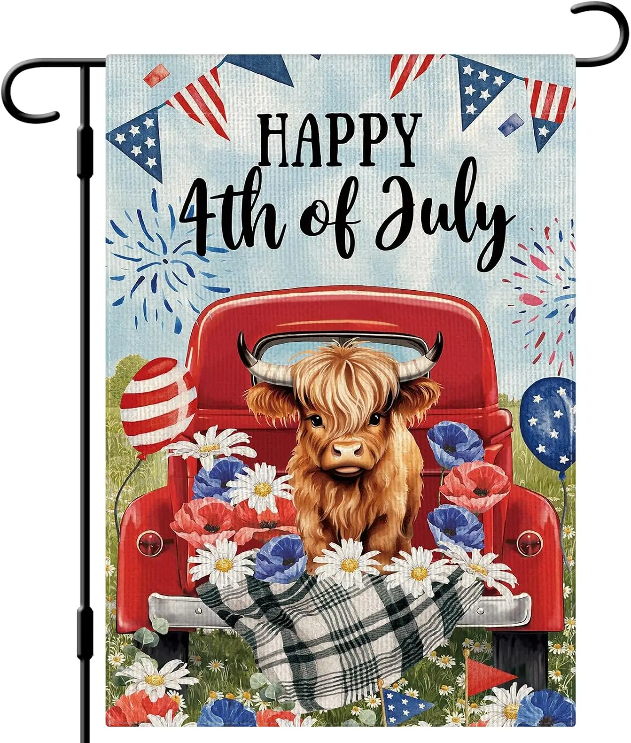 DLZDN 4th of July Highland Cow Truck Garden Flag 12×18 Inch Double Side Vertical Burlap Farmhouse Yard Sign Independence Day kkz