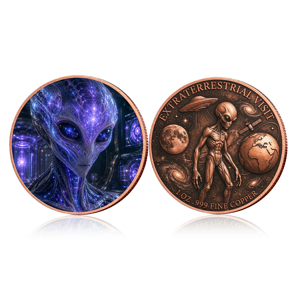 1oz .999 Fine Copper Round Extraterrestrial Visit Galaxy Alien Close-Up UFO Colorized Sci-Fi Space Fantasy Collectible Gift