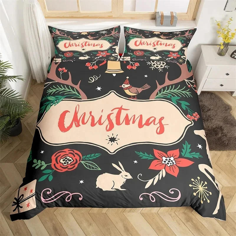 

С Рождеством пододеяльник с мультяшным кроликом, комплект постельного белья с рогами оленя, пододеяльник из полиэстера с цветами, королева, комплект постельного белья, подарок на Новый год