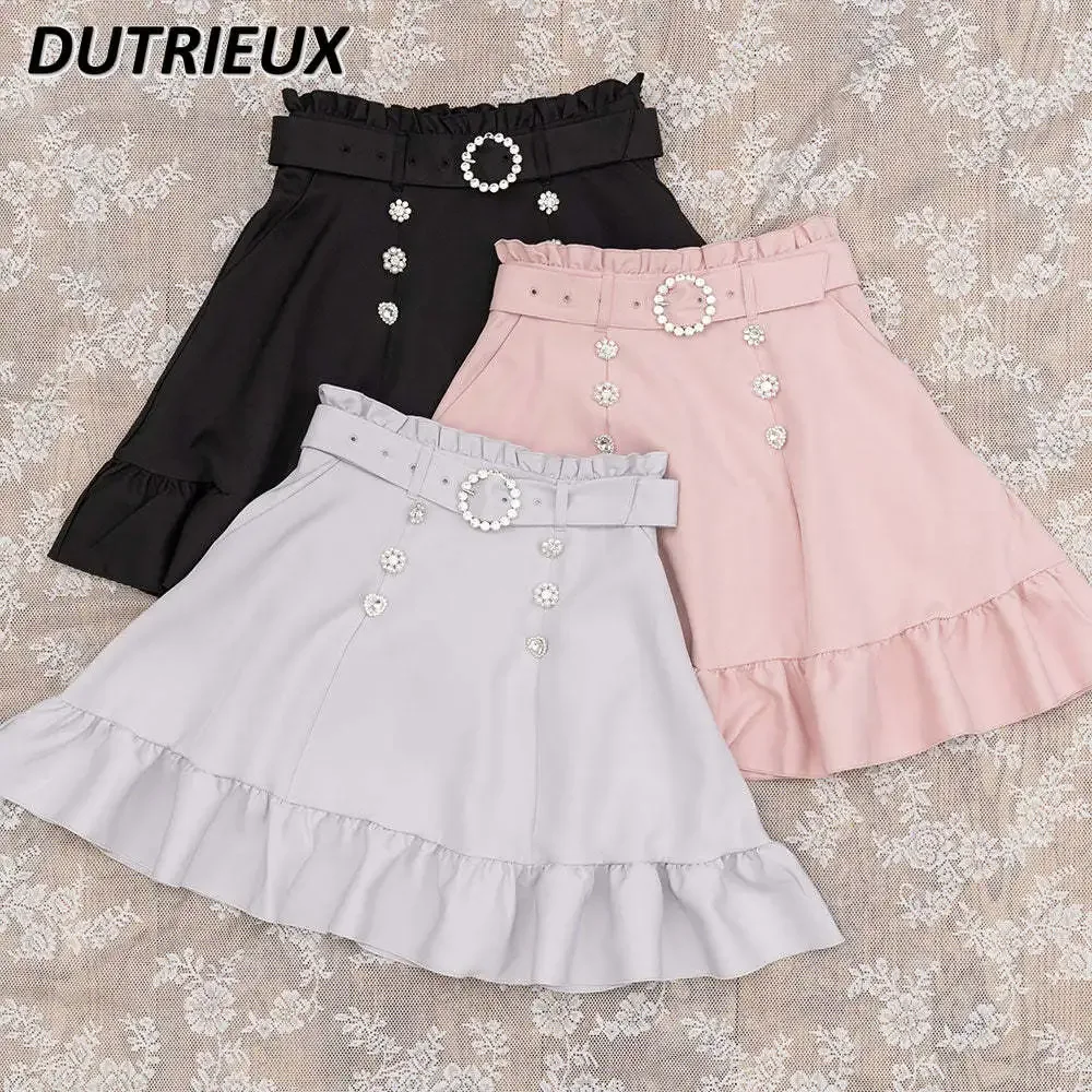 Japanese Sweet Lolita Black Skirt Spring Summer New All-Match Wooden Ear Chic Rhinestone A- Line Long Skirt Ruffled Mine Skirts