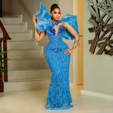 Aso Ebi Style Prom Dress Event Gown Luxury Blue Lace African Evening Dress Full Appliques 3D Organza Floral Party Gown