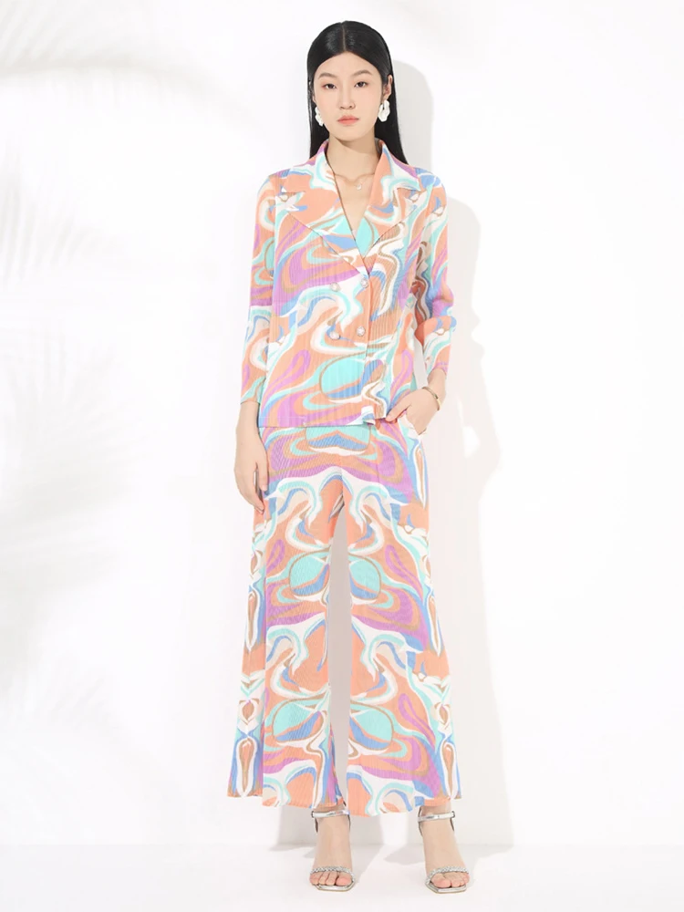 

New Fold Printing Pants Outfit Spring Women Long Sleeve Double Breasted Coat+High Waist Slim Wide Leg Pants Autumn Two Piece Set
