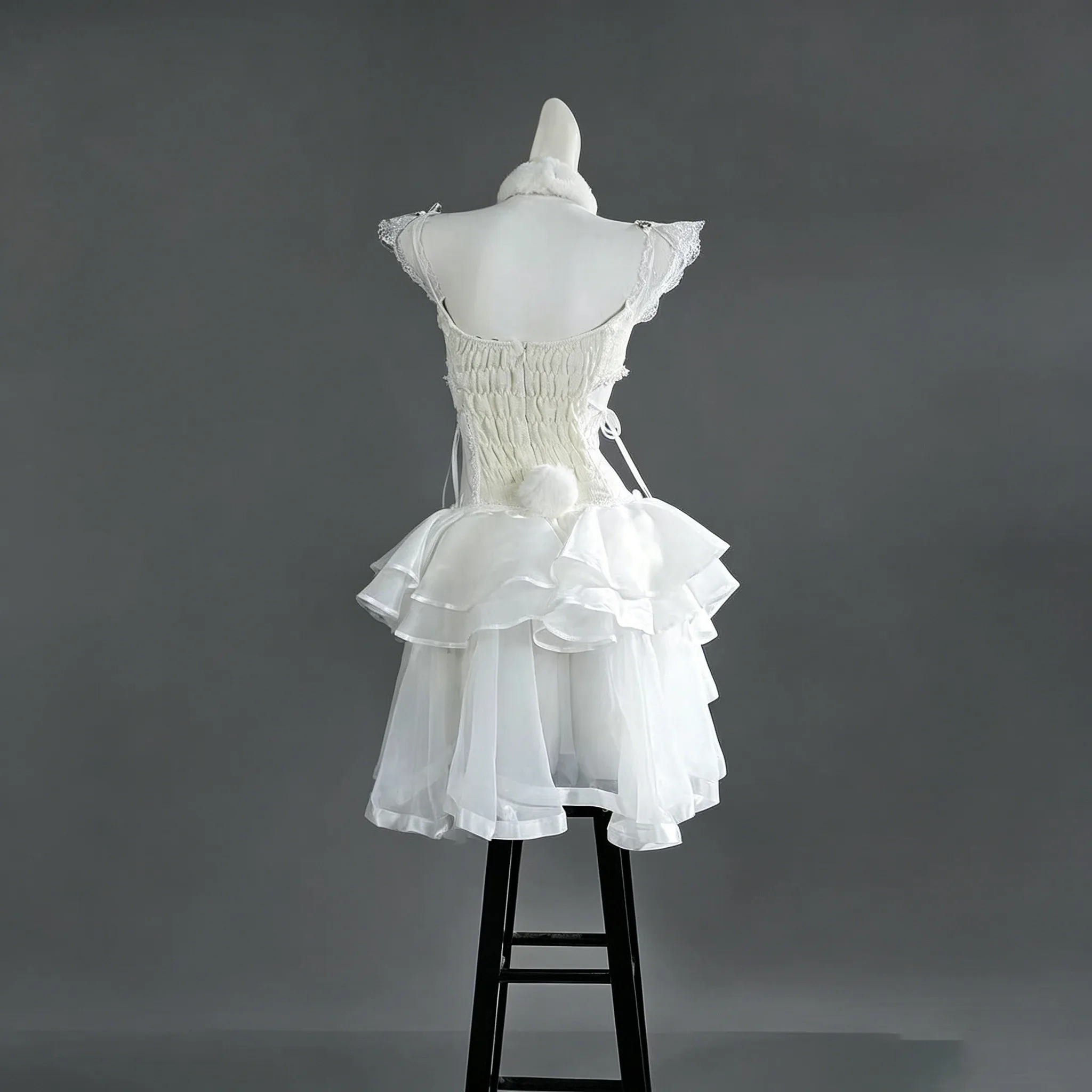 White Cosplay Dress Sheer Tulle Tweed Cute Princess Style Japanese Role Play Costume for Women Halloween Party AniMuse view 3