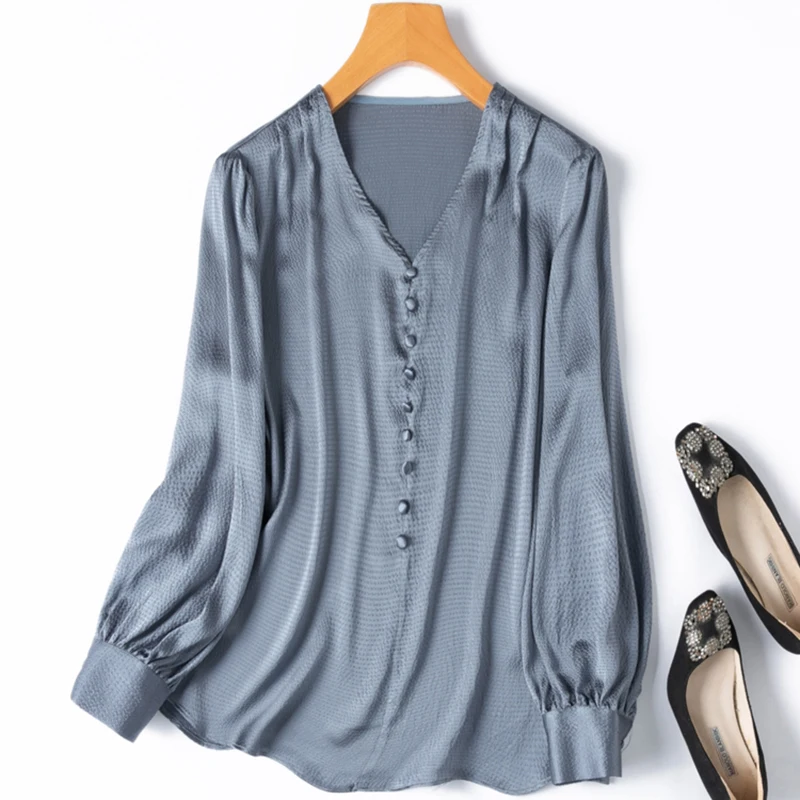 

Women Silk Blouse 93% Mulberry Silk 7% Spandex 19 Momme Gray Blue V Neck Long Sleeve Pullover Top Shirt 2026 Office Lady M1449