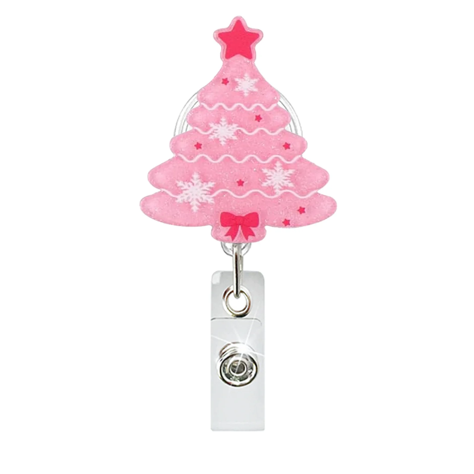 1 個の新しいアクリルクリスマスツリーサンタクロースバッジリール格納式 ID バッジホルダー 360 回転ワニ口クリップ名ホルダー付き