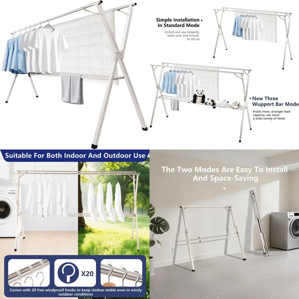 Heavy-Duty Foldable Clothes Drying Rack, 95-Inch Stainless Steel Laundry Rack for Indoor and Outdoor Use, Adjustable Design
