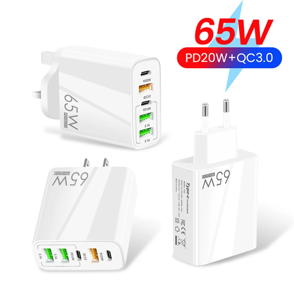 65W 5 Ports USB Fast Charger For iPhone 15 14 13 12 Pro Max Laptop Type C PD20W Fast Charging Quick Phone Charger Adapter Wall