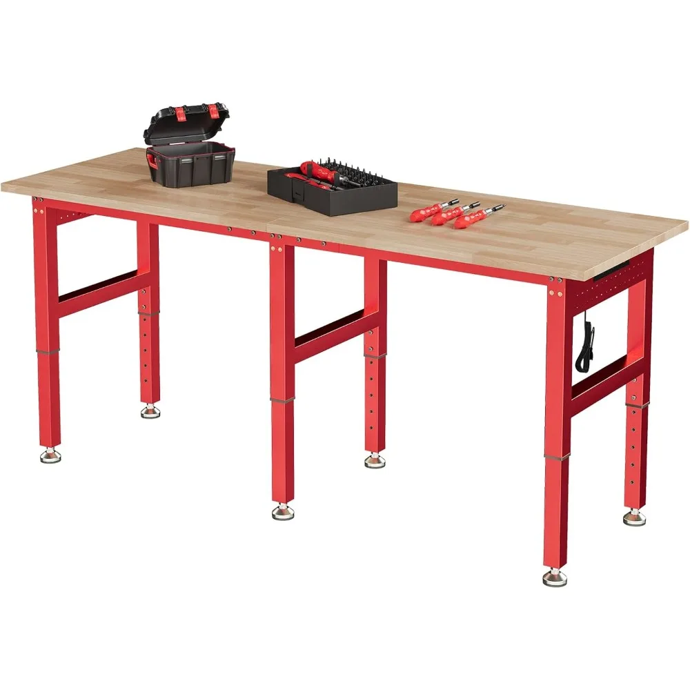 

72" Red Adjustable Heavy Duty Workbench with 4 AC Outlet and 2 USB Ports Power Outlets, 5000 Lbs Capacity, Rubber Wood Top for G