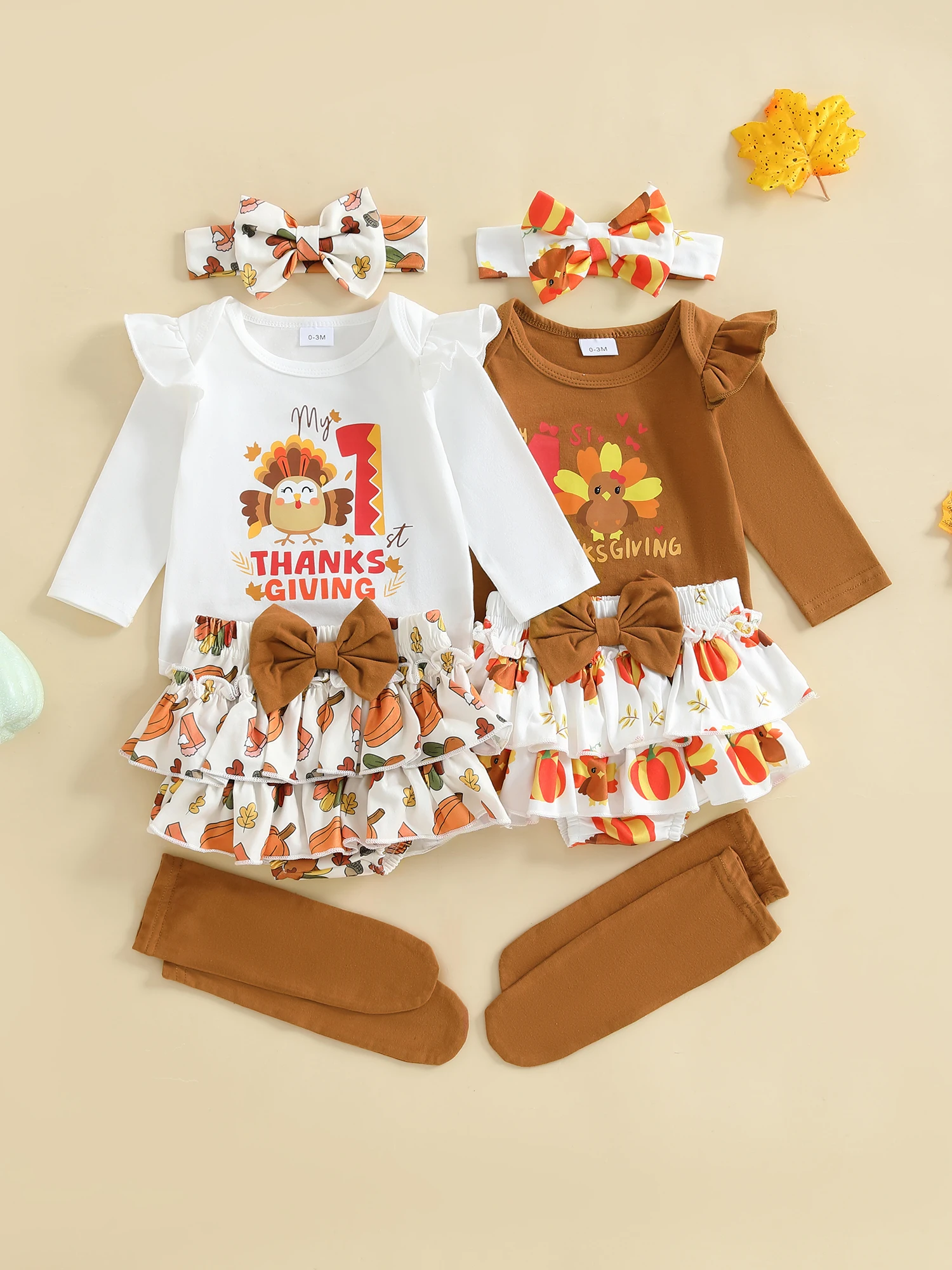 Adorable Baby Girls Autumn Ensemble with Long Sleeve Turkey Print Romper Skirt Shorts Headband and Socks - Complete Infant
