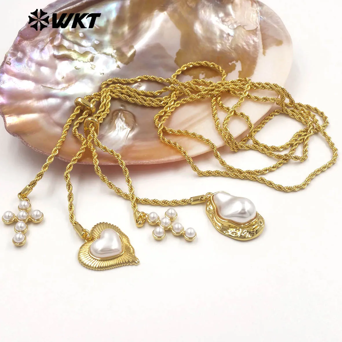 

WT-JFN52 Wholesale Yellow Brass Artificial Pearl 90cm Three Styles Necklace With 18k Real Gold Plated For Friends ACC