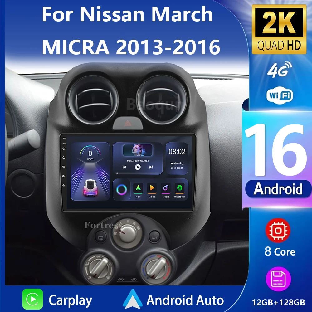Android 16 Carplay Auto para Nissan March MICRA 2013 2014 2015 2016 Radio de coche navegación GPS WIFI + 4G 2 Din unidad principal vídeo estéreo