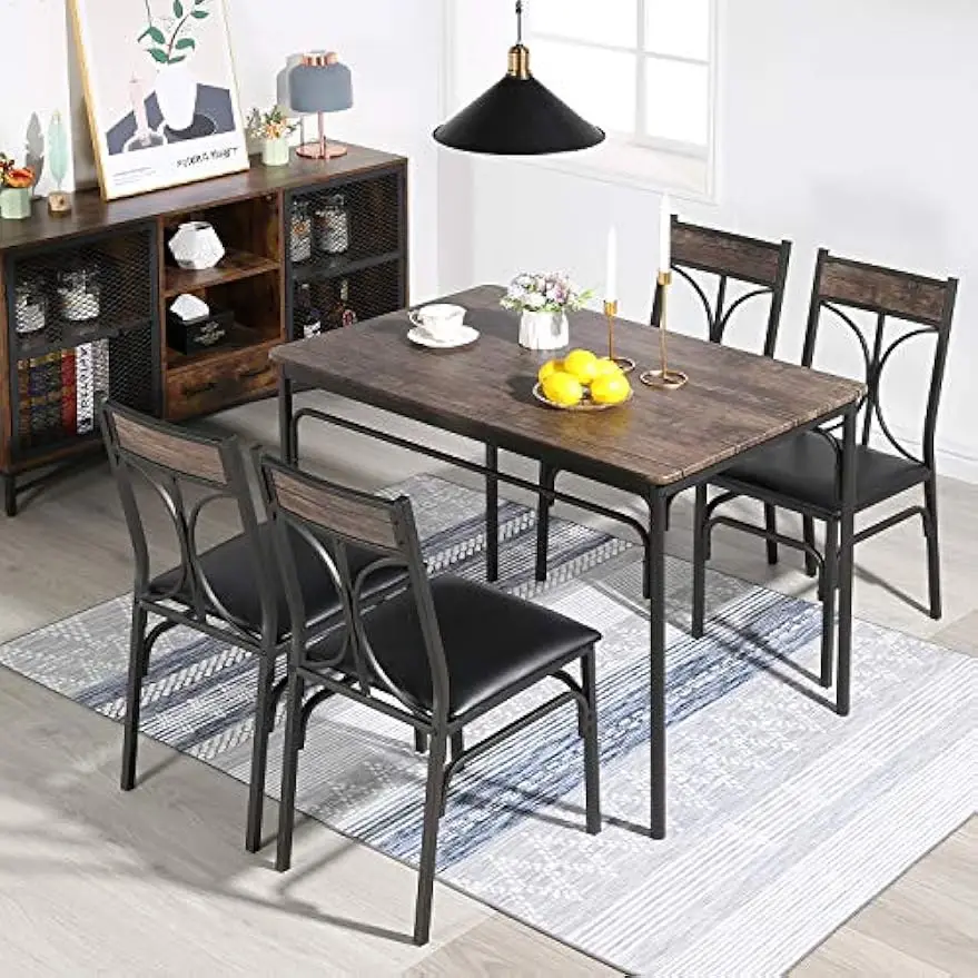 5 Piece Kitchen Table Set for Dining Room,Dinette,Breakfast Nook Industrial Style Seating for Four Brown