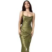 New Silky Satin Low-cut Suspenders Dresses Women Party Casual Split Hem High Waist Dress Female Slim Fit Backless Long Gown