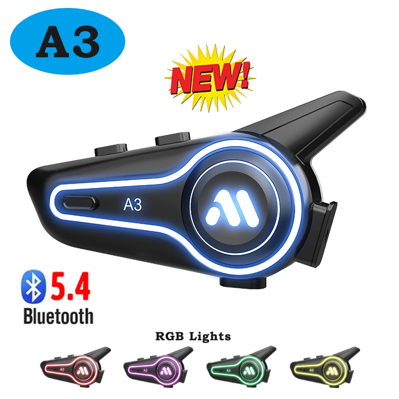 New A3 Motorcycle Helmet Bluetooth Headset Noise Reduction Waterproof Wireless 5.4 Music Player HIFI RGB Light 1000mAh Battery