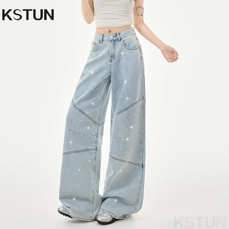 KSTUN 2026 Spring Women's Wide Leg Jeans Patchwork Hotfix Rhinestones Glitter Streetwear Vintage Womens Clothing Lyocell Jeans