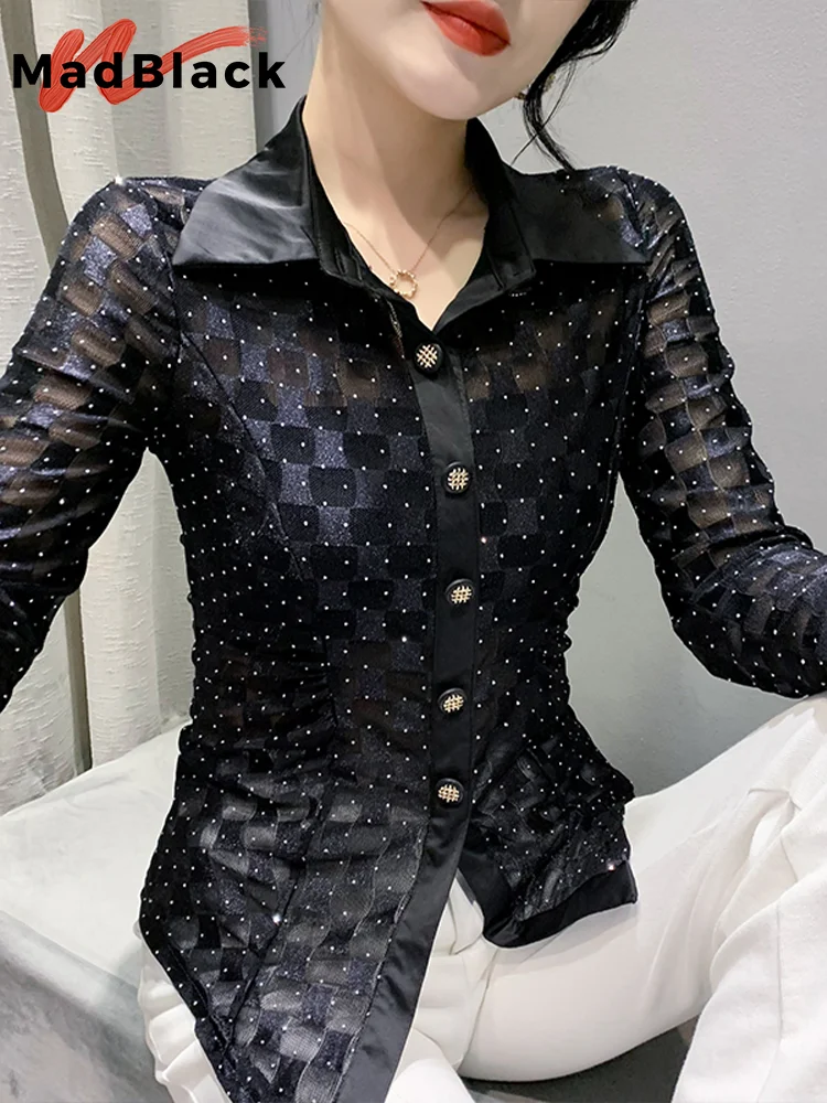 MadBlack Spring Hot Drill Shirt Sexy Sheer Women Turn Down Collar Long Sleeves Button Black Tops Clubwear Shirts New  T32521Z