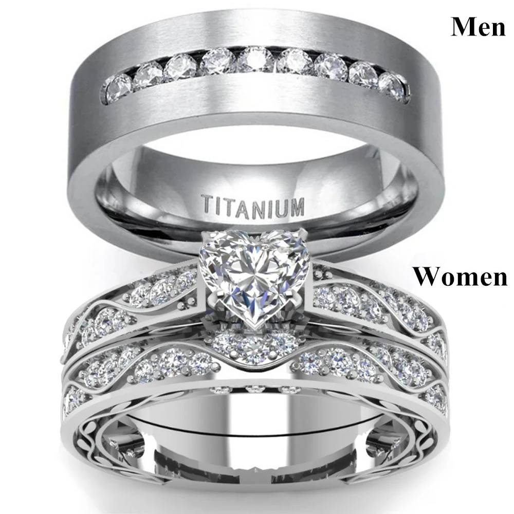 Fashion Couple Rings Men's CZ Stainless Steel Ring Women Heart Cut Crystal Rhinestones Rings Set Wedding Engagement Jewelry