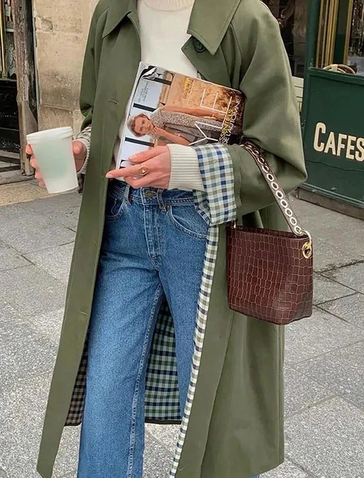 

New In Plaid Lining Solid Trench Coat Woman Clothing Single Breasted Long Sleeve Jacket Spring Autumn Lady Outwear