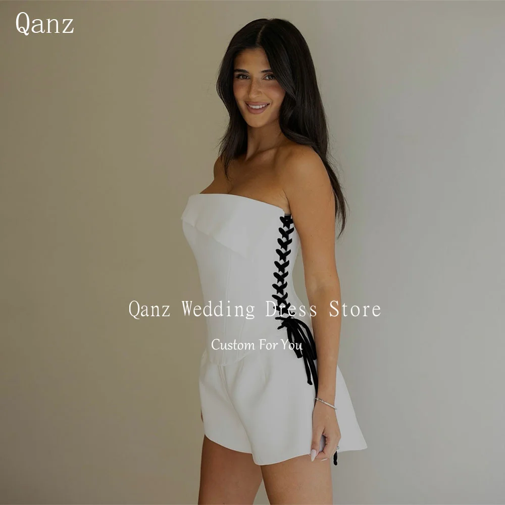 Qanz 2 Pieces Wedding Dress Mini White Sain Vestidos De Novia Boda Corset Back Sleeveless Sexy Women Bridal Gowns Customized