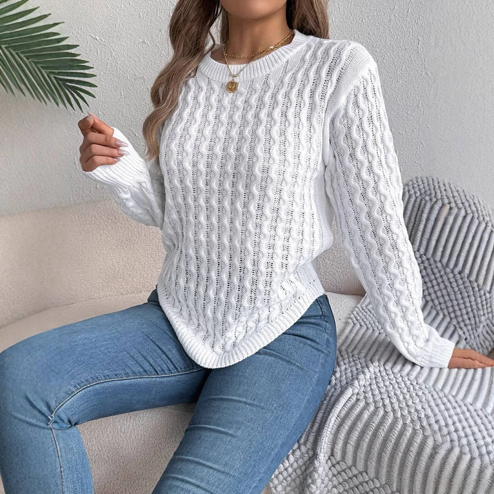 Chunky Knit Sleeve Sweater For Women Fall Winter Casual Solid Color Mens Pullover Sweaters 3x Ladies Cropped Pullover Sweater