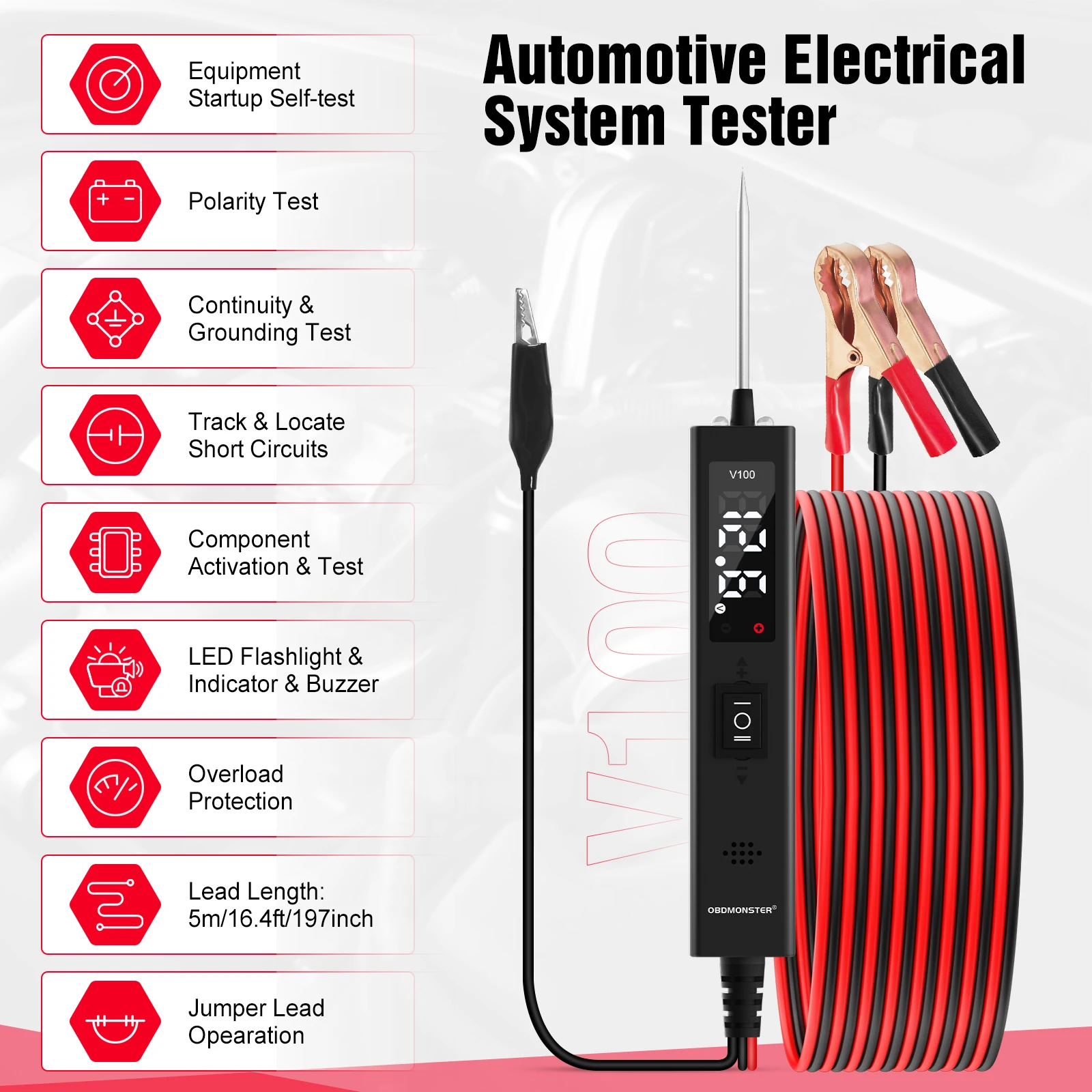 V100 Power Circuit Probe Tester,0-80V DC Test Light, Automotive Short Circuit Finder, Electrical Circuit Tester, Car Fuse Tester