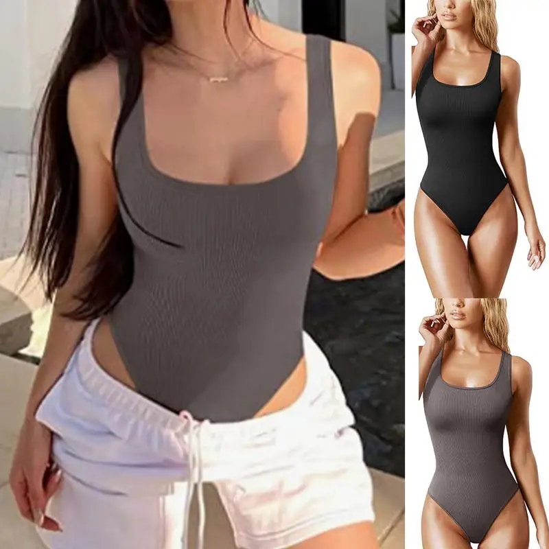 Body-Hugging T-shirt Bodysuit Tops For Women Soft Scoop Neck Body Shaper Thong Jumpsuit Flat Belly Corset Sexy Thong Shapewear