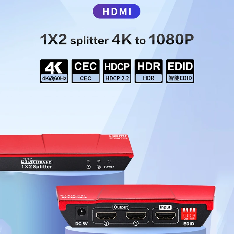 hdmi splitter 2 output 4k 60 cec 1 in 2 out simultaniously hdcp bypass full hd for extend screens edid manager scaler emulator