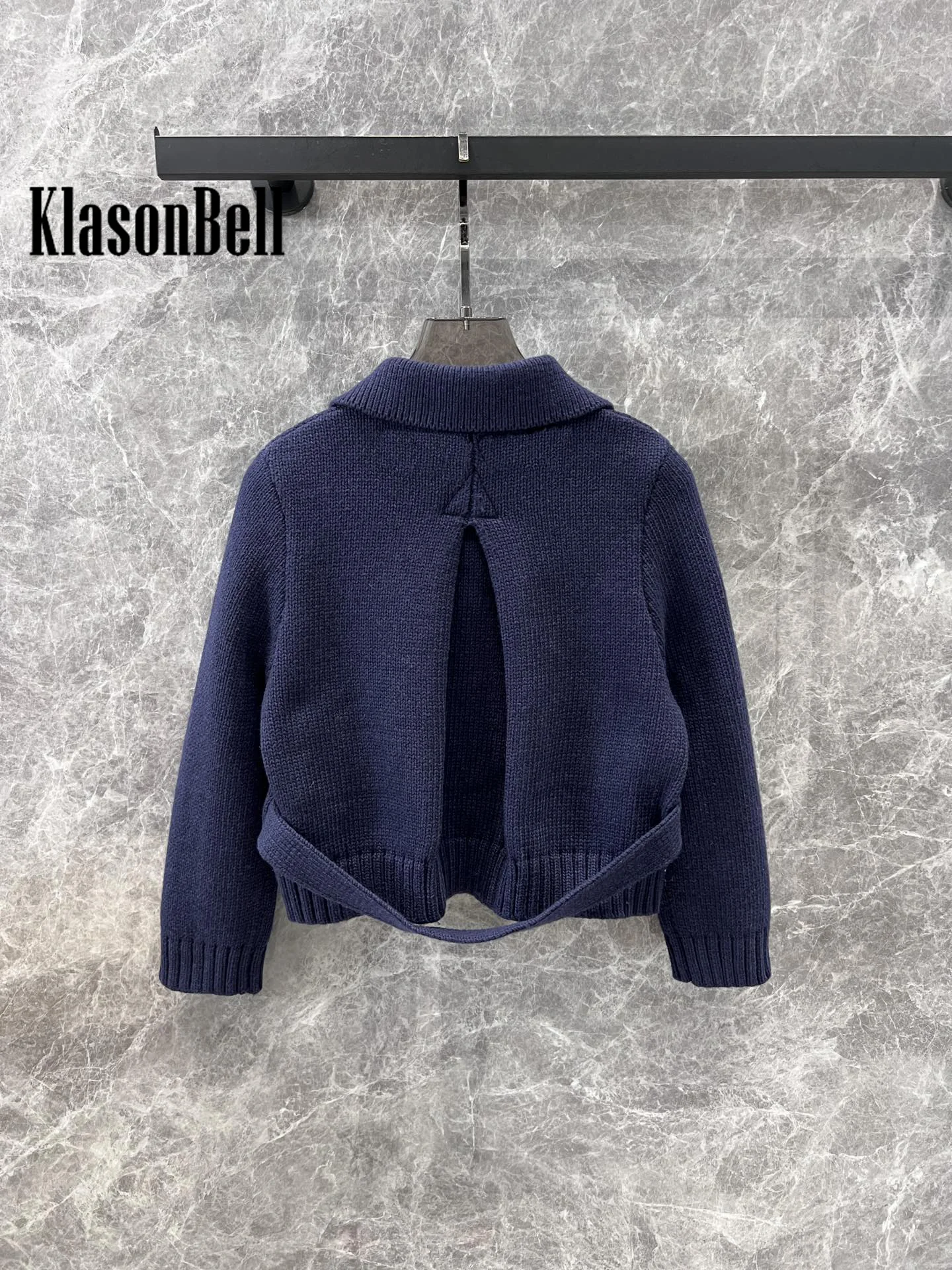 10.16 KlasonBell Fashion Runway Lapel Double Breasted Wool Knit Keep Warm Cardigan Fit Women Sweet All-match Short Coat