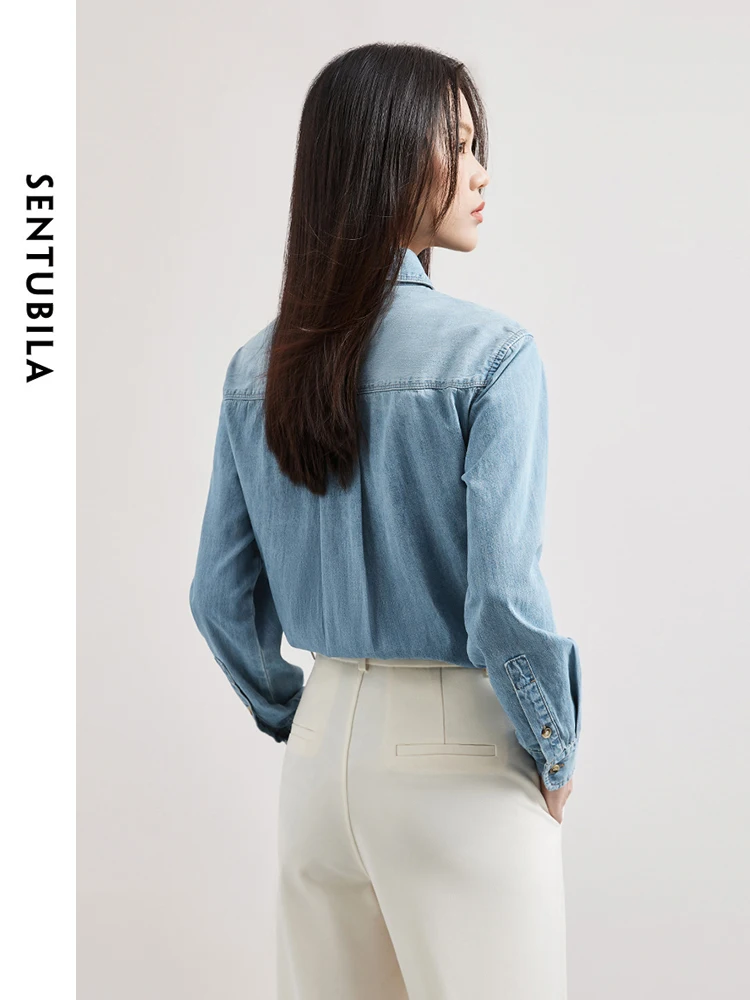 SENTUBILA Cotton Denim Shirt Women 2024 Autumn Casual Long Sleeve Polo Collar Button Up Shirts & Blouse Woman Clothing W41C53623