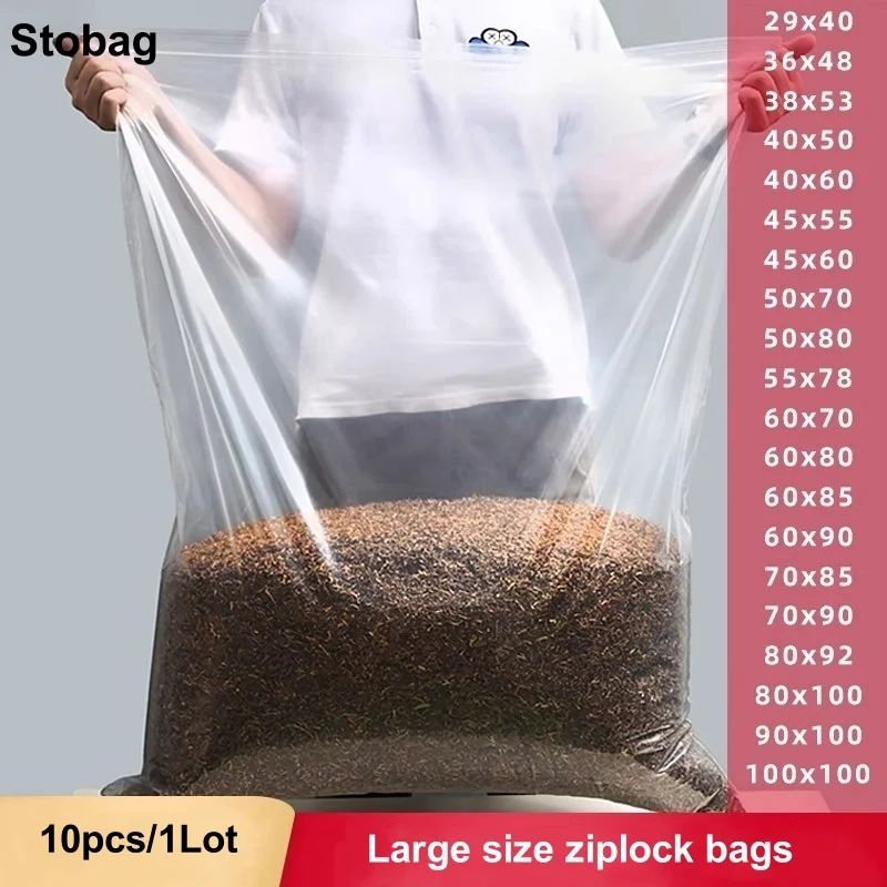 

StoBag 10pcs Large Transparent Ziplock Bags Plastic Clothes Food Packaging Thick Sealed Waterproof Storage Clear Pouch Wholesale