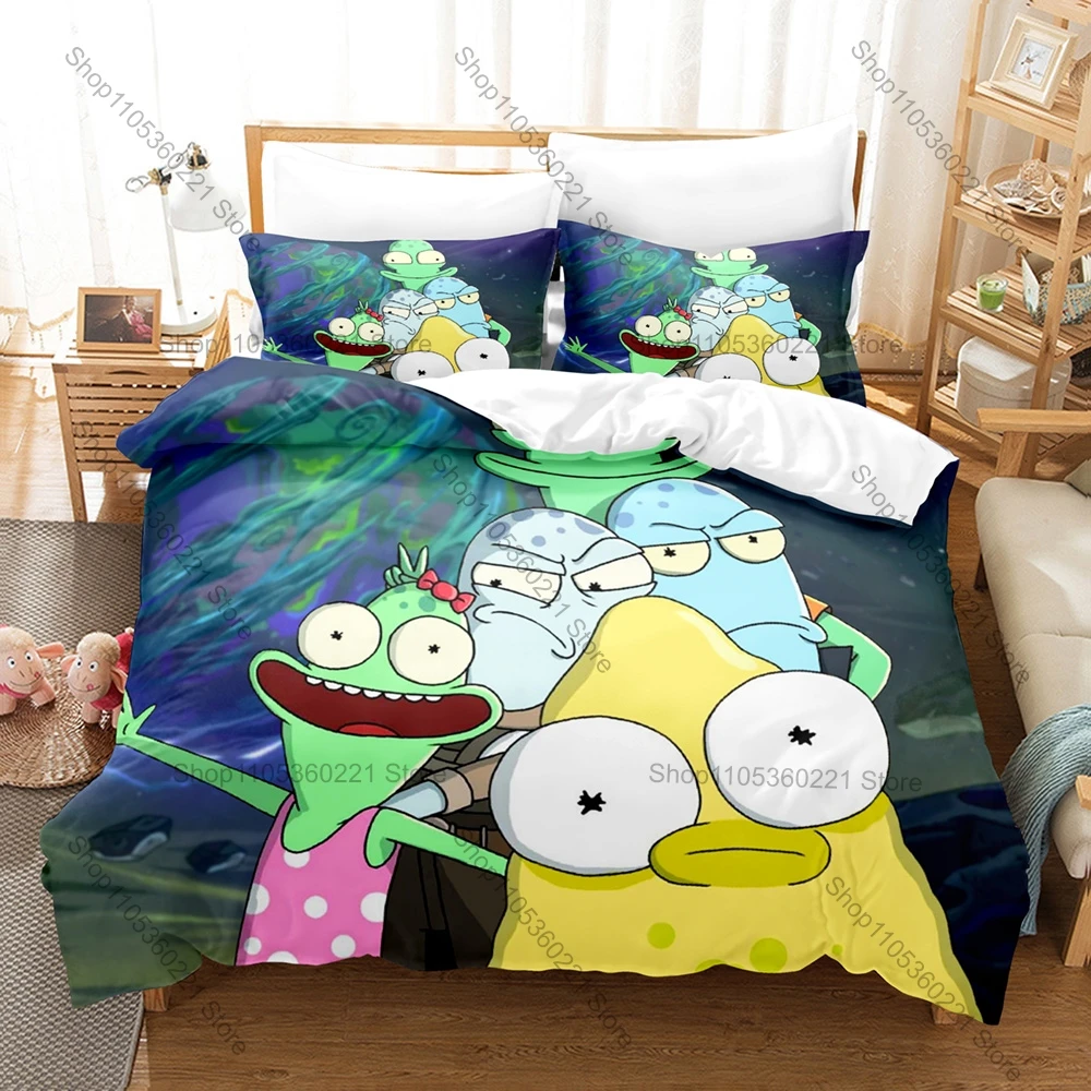 Solar Opposites Printed Bedding Set, Duvet Cover plus 2 Pillowcases, Hilarious Alien Cartoon Style Soft Microfiber Textiles