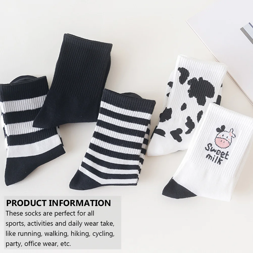 

5Pairs Black White Cow Print Cotton Socks Middle Tube Breathable Comfortable Casual Wear Socks Women Mid-Calf Length Sock