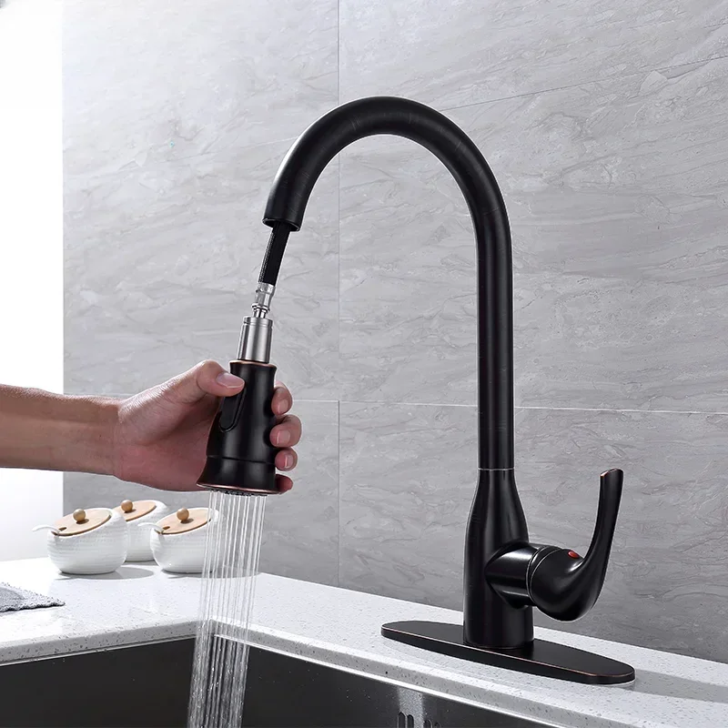 Hot Sale 304 Stainless Steel Hot And Cold Water Flexible Hose Taps Matt Black Brass Kitchen Faucet With Pull Out Long Spout