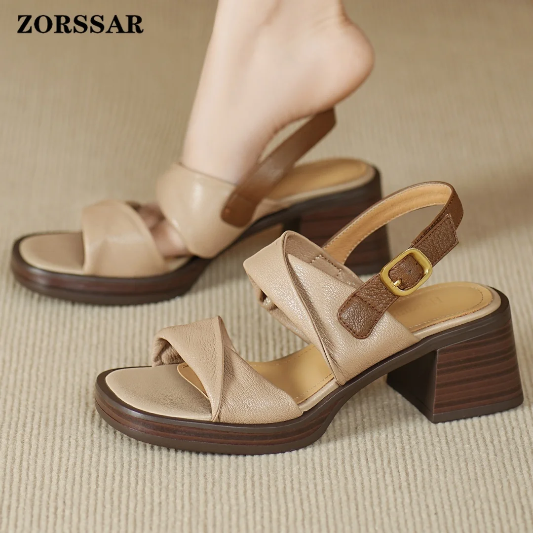 Damen-Sandalen aus echtem Leder mit schmalem Band, farblich abgesetzt, Patchwork, offene Zehenpartie, 6 cm Blockabsatz, Plateau, für den Sommer, für Damen im OL-Stil