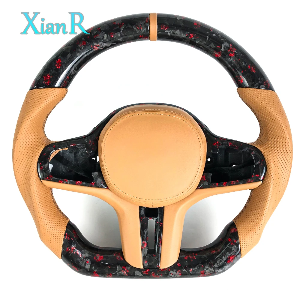 Custom Forged Carbon Fiber Steering Wheel for BMW M Sport G Series Tan Leather Red Flakes Car Accessories Upgrade