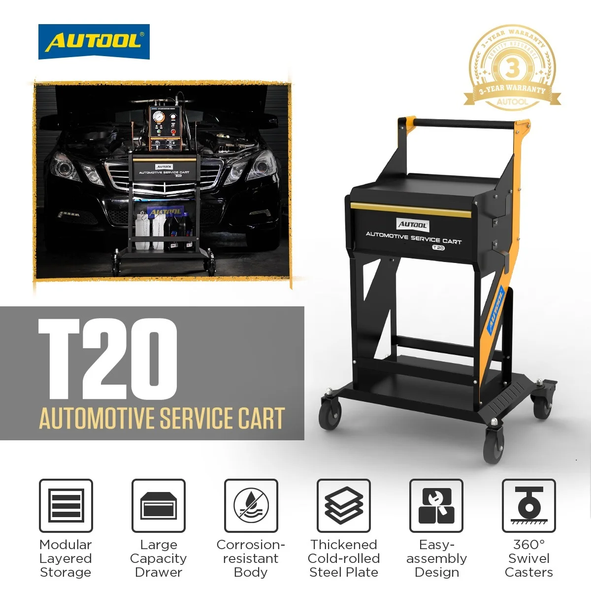 Image of AUTOOL T20 Auto-Reparatur-Werkzeugwagen, 100 kg Tragkraft, Schwerlast-Mechanikerwagen für Programmierung in der Werkstatt
