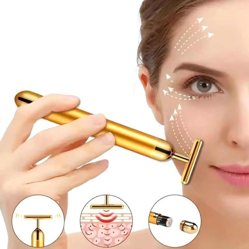 Multi-Function Beauty Care อุปกรณ์นวดหน้า Stick Roller T-Shape Golden Energy Bar เครื่องนวดสั่นสําหรับเครื่องมือความงาม