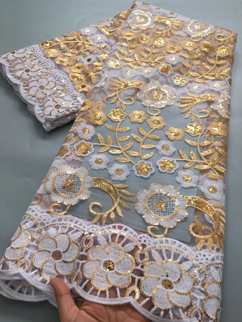 African French Mesh Lace Fabric Milk Silk Lace Nigerian Embroidered Fabrics Sequins High Quality for Women Dresses,5Yards 4137