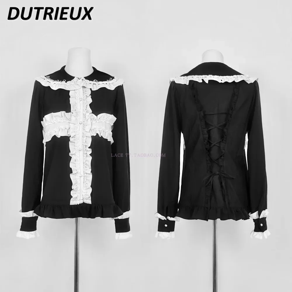 Japanese Mine Sweet Harajuku Style Lacework Big Lapel Long Sleeve Shirt Spring and Autumn New Cute Girl Color Matching Top